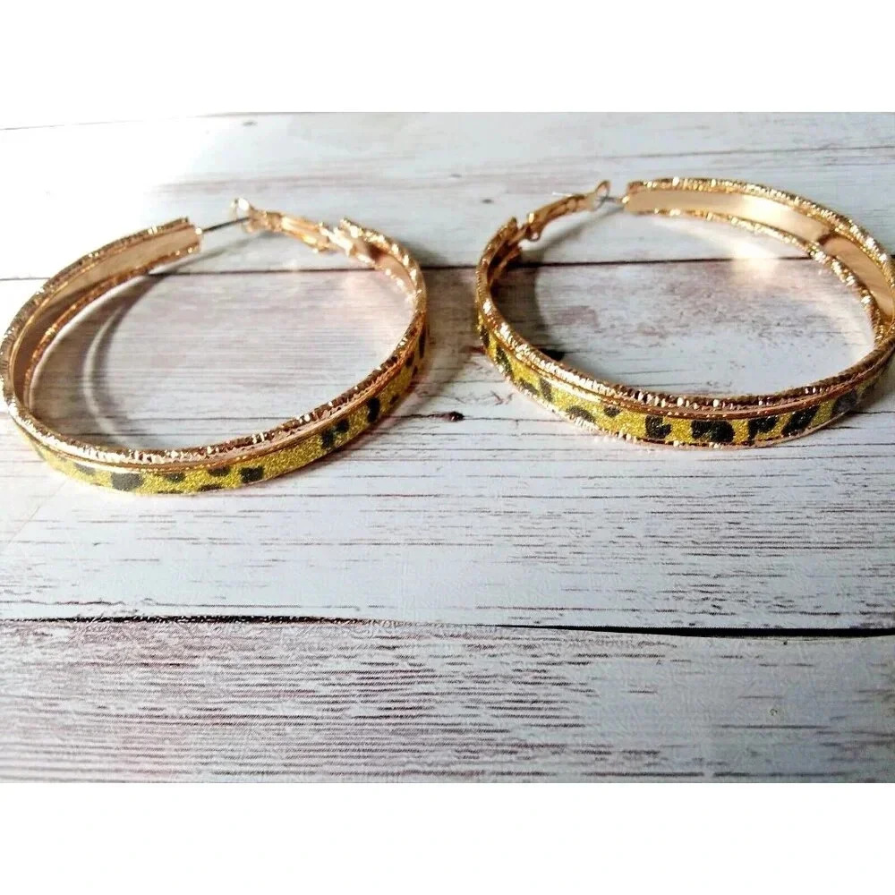 XL Gold Tone Cheetah Motif Statement Hoop Earrings